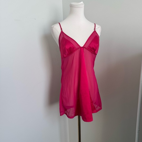 💋 Vintage Hot Pink Mesh Slip Dress coquette Y2K 2000s L - Picture 3 of 5
